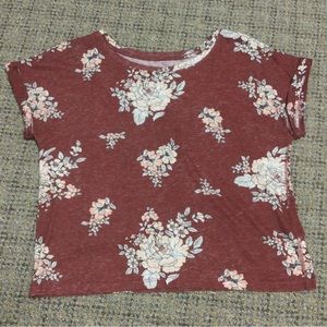 Cape Juby Burgundy White Floral Cuffed Short Sleeve Top Size Juniors Small